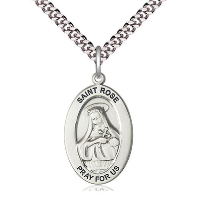 Sterling Silver Medium St. Rose of Lima Patron Saint Medal Necklace | 1" x 1/2" | 24" Chain | USA Made by Bliss