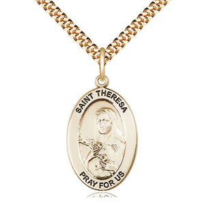 Collar de Medalla de Santa Teresa Patrona Mediana Chapado en Oro de 14kt | 2.54 cm x 1.27 cm | Cadena de 60.96 cm | Hecho en EE. UU. por Bliss