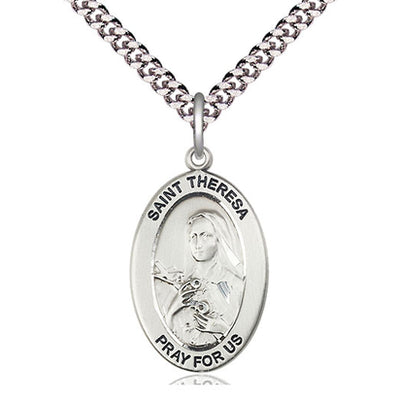 Sterling Silver Medium St. Theresa Patron Saint Medal Necklace | 1"x1/2" | 24" Chain | USA Made by Bliss