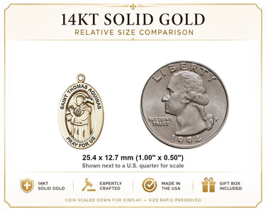 14kt Solid Gold Medium St. Thomas Aquinas Medal Pendant | 1"x1/2" | Handcrafted in USA by Bliss