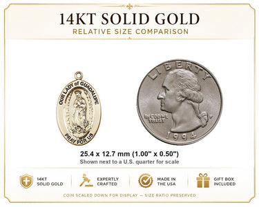 14kt Solid Gold Medium Our Lady of Guadalupe Medal Pendant | 1" x 1/2" | USA Made by Bliss
