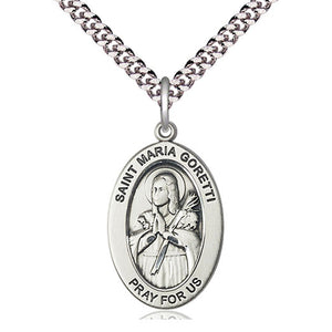Collar de medalla de plata de ley de Santa María Goretti, patrona, tamaño mediano | 2,54 cm x 1,27 cm | Cadena de 60,96 cm | Fabricado en EE. UU. por Bliss
