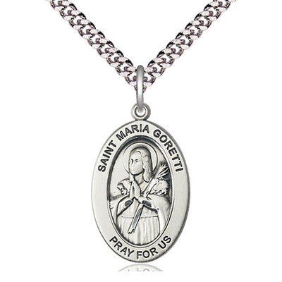Sterling Silver Medium St. Maria Goretti Patron Saint Medal Necklace | 1" x 1/2" | 24" Chain | USA Made by Bliss