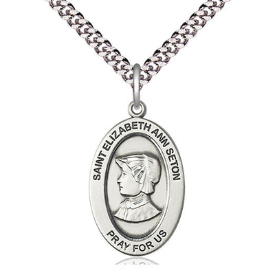 Sterling Silver Medium St. Elizabeth Ann Seton Medal Necklace | 1" x 1/2" Pendant | 24" Chain | USA Made by Bliss