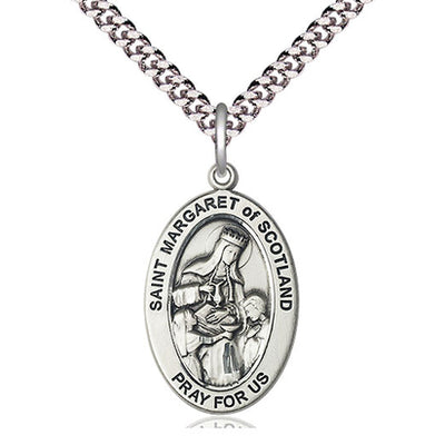 Sterling Silver Medium St. Margaret of Scotland Patron Saint Medal Necklace | 1" x 1/2" | 24" Chain | USA Made by Bliss