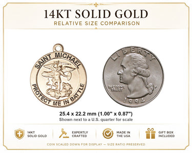 14kt Solid Gold Medium St. Michael Archangel Patron Saint Medal Pendant | 1" x 7/8" | Handcrafted in USA by Bliss