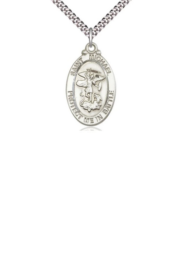 Sterling Silver St. Michael Patron Saint Medal Necklace, 1 1/8 x 5/8 inch pendant on 24 inch chain, handcrafted by Bliss
