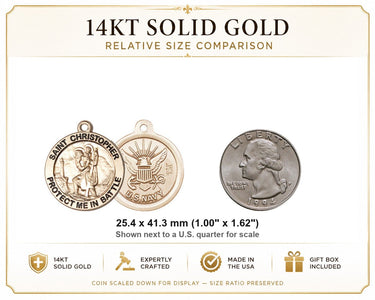 Colgante de Medalla de la Marina de San Cristóbal Mediana de Oro Sólido de 14kt | 1" x 1-5/8" | Hecho en EE. UU. por Bliss