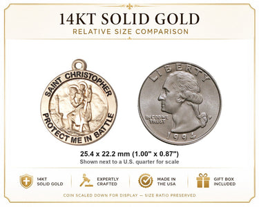 Medalla mediana de San Cristóbal de oro macizo de 14 quilates | 2,54 cm x 2,22 cm | Hecha a mano en EE. UU. por Bliss