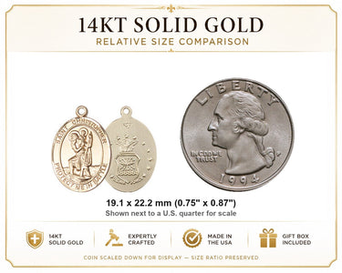 14kt Solid Gold Medium St. Christopher Air Force Medal Pendant | 3/4 x 7/8 inch | Handcrafted in USA by Bliss