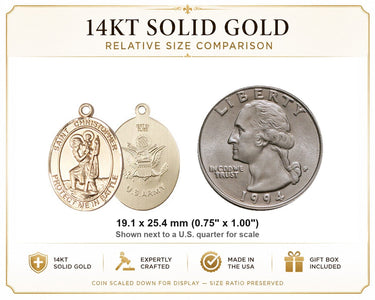 14kt Solid Gold Medium St. Christopher Army Medal Pendant | 3/4 x 1 inch | Handcrafted in USA by Bliss
