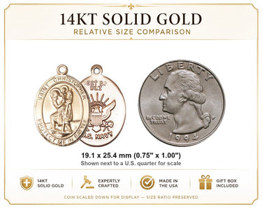 14kt Solid Gold Medium St. Christopher Navy Medal Pendant | 3/4 x 1 inch | Handcrafted in USA by Bliss