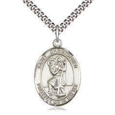Sterling silver St. Christopher patron saint medal necklace with 24 inch chain by Bliss Manufacturing