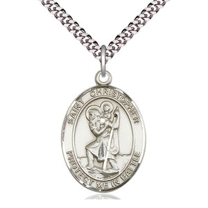 Collar con Medalla de Plata de Ley Mediana de San Cristóbal Patrón | 2,5 cm x 1,9 cm | Cadena de 61 cm | Hecho en EE. UU. por Bliss