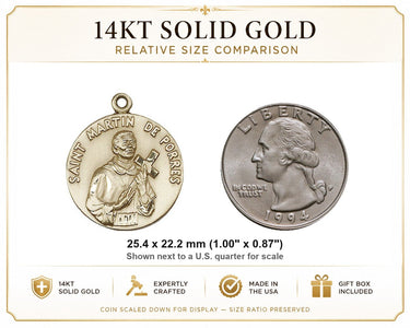 14kt Solid Gold Medium St. Martin de Porres Patron Saint Medal Pendant | 1" x 7/8" | Handcrafted in USA by Bliss