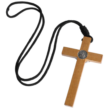 3.5 inch large wooden St Benedict crucifix necklace with rope cord, handcrafted Catholic cross pendant