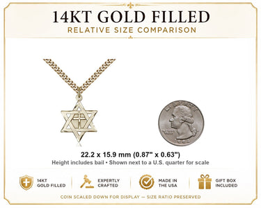 14kt Gold Filled Medium Star of David Cross Necklace | 7/8" x 5/8" | 24" Chain | USA Made by Bliss