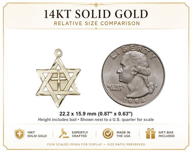 14kt Solid Gold Star of David with Cross Pendant | 7/8" x 5/8" | USA Made by Bliss