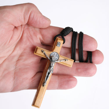 3.5 inch large wooden St Benedict crucifix necklace with rope cord, handcrafted Catholic cross pendant