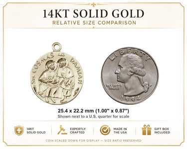 14kt Solid Gold Medium Sts. Cosmas & Damian Patron Saint Medal Pendant | 1" x 7/8" | USA Made by Bliss