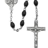 4x6mm black glass oval bead rosary with silver oxidized center piece and matching crucifix displayed against a white background