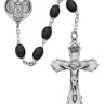 6x8mm black wood rosary with pewter crucifix and center piece displayed against a white background