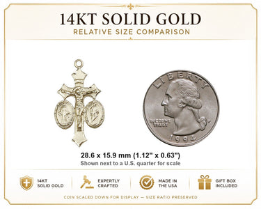 Colgante de Medalla de la Sagrada Familia Mediana de Oro Sólido de 14kt | 2.86 cm x 1.59 cm | Jesús, María y José | Hecho a mano en EE. UU. por Bliss
