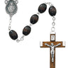 6x8mm brown wood rosary 23.5 inches long with silver oxidized center piece and matching wood crucifix