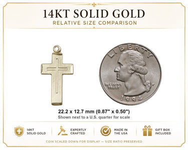 Colgante de medalla con cruz católica mediana de oro macizo de 14 quilates | 7/8" x 1/2" | Hecho a mano en EE. UU. por Bliss