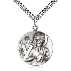 Collar de plata de ley con medalla mediana de San Andrés Patrono | 2,54 x 2,22 cm | Cadena de 61 cm | Fabricado en EE. UU. por Bliss