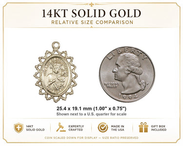 Medalla de Nuestra Señora de Częstochowa de oro macizo de 14 quilates, tamaño mediano | 1 x 3/4 | Hecho a mano en EE. UU. por Bliss