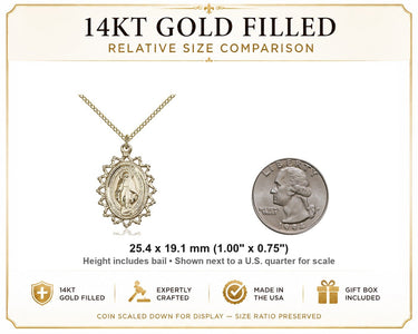 Collar de Medalla Milagrosa Mediana de Oro Laminado de 14kt | Colgante de 2.5 cm x 1.9 cm | Cadena de 45.7 cm | Hecho en EE. UU. por Bliss