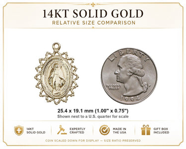 Medalla Milagrosa Mediana Sólida de Oro de 14kt Colgante Católico | 2,54 cm x 1,91 cm | Hecho en EE. UU. por Bliss