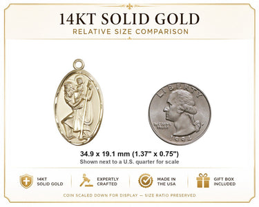 Colgante medalla grande de oro macizo de 14 quilates de San Cristóbal, patrón | 1 3/8 x 3/4 | Fabricado en EE. UU. por Bliss
