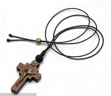 St Benedict Crucifix Necklace - Brazilian Walnut Wood with Black Leather Cord
