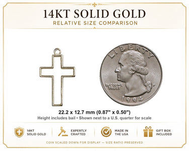 Colgante de cruz católica mediana de oro macizo de 14 quilates | 7/8 x 1/2 | Hecho a mano en EE. UU. por Bliss