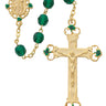 7mm gold green glass rosary with gold-plated pewter center and crucifix displayed against a white background