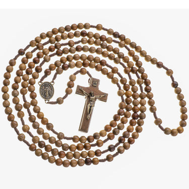 Brown wood 20 decade Catholic rosary with 7mm natural beads 43 inches long handcrafted by Bliss