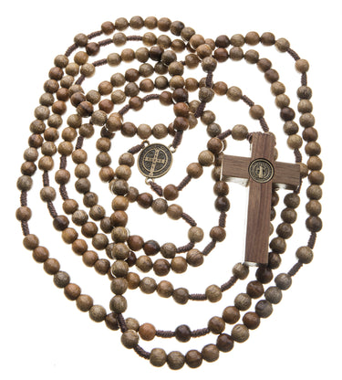 Brown wood St Benedict 20 decade Catholic rosary with protection medal 44 inches handcrafted by Bliss
