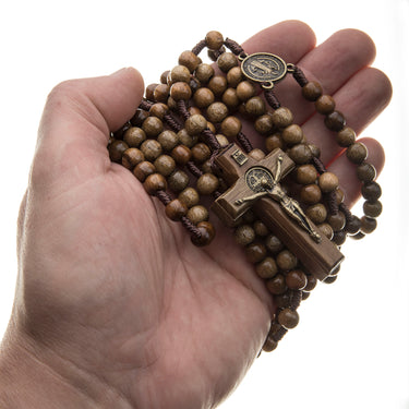Brown wood St Benedict 20 decade Catholic rosary with protection medal 44 inches handcrafted by Bliss