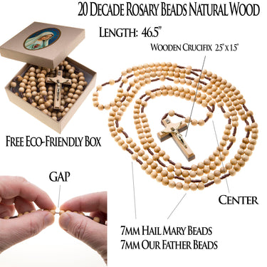 Natural wood 20 decade Catholic rosary with 7mm beads 43 inches durable cord handcrafted by Bliss