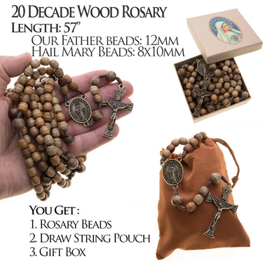Large brown wood 20 decade Catholic rosary with Miraculous Medal center 57 inches carved beads by Bliss
