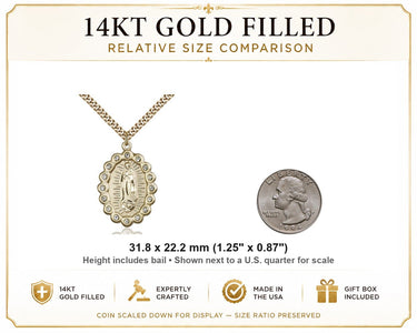 14kt Gold Filled Large Our Lady of Guadalupe Necklace | 1 1/4 x 7/8 Medal | 24" Chain | USA Made by Bliss
