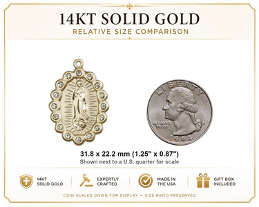 14kt Solid Gold Large Our Lady of Guadalupe Medal Pendant | 1 1/4 x 7/8 | USA Made by Bliss