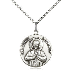 Sterling Silver St. John Vianney Patron Saint Medal Necklace 3/4 inch by 5/8 inch on 18 inch chain by Bliss