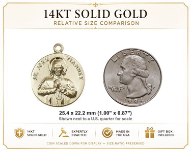 14kt Solid Gold Medium St. John Vianney Medal Pendant | 1" x 7/8" | USA Made by Bliss