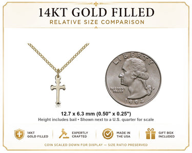 Gold Filled Small Catholic Cross Necklace | 1/2" x 1/4" Pendant | 18" Chain | USA Made by Bliss