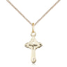 14kt gold filled small Catholic cross necklace with 5/8 by 3/8 inch pendant on 18 inch lite curb chain by Bliss