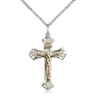 Two-tone Gold Filled and Sterling Silver Catholic crucifix necklace with 1 1/8 inch pendant on 18 inch chain, handcrafted by Bliss Manufacturing