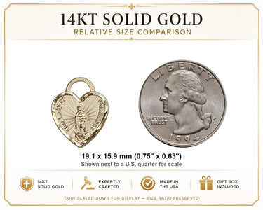 14kt Solid Gold Medium Our Lady of Guadalupe Heart Medal Pendant | 3/4 x 5/8 | USA Made by Bliss